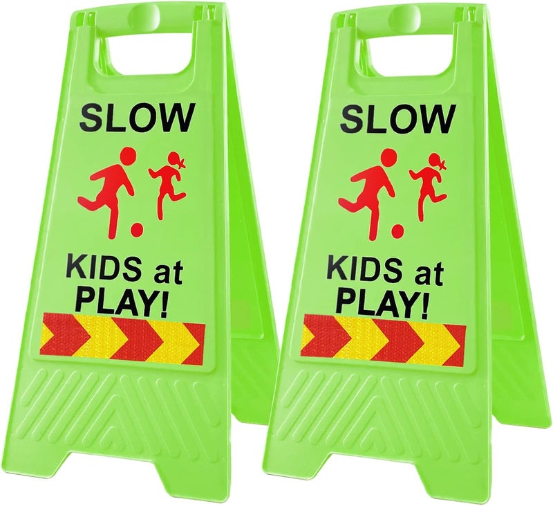 StrLon Slow Kids at Play Signs for Street, Double-Sided Text and Graphics with Reflective Tape, Children at Play Safety Sign for Neighborhoods Schools Park Sidewalk Driveway (2-Pack Green) - Image 1